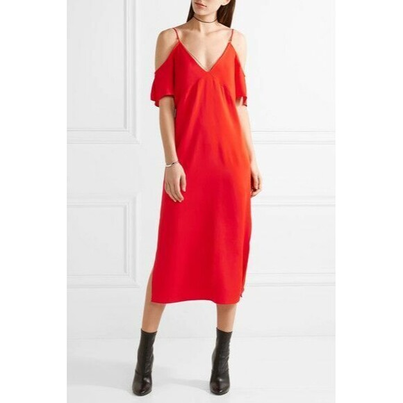 $495 NWT Alexander Wang Sz 2 Stretch Cold Shoulder Midi Dress Red Scarlet B1 - Picture 1 of 7